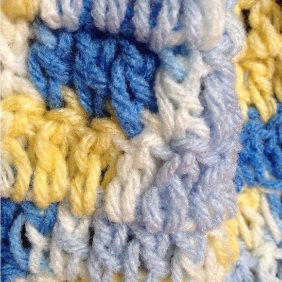 Handmade blue, yellow, and white knitted scarf - Picture 4 of 4